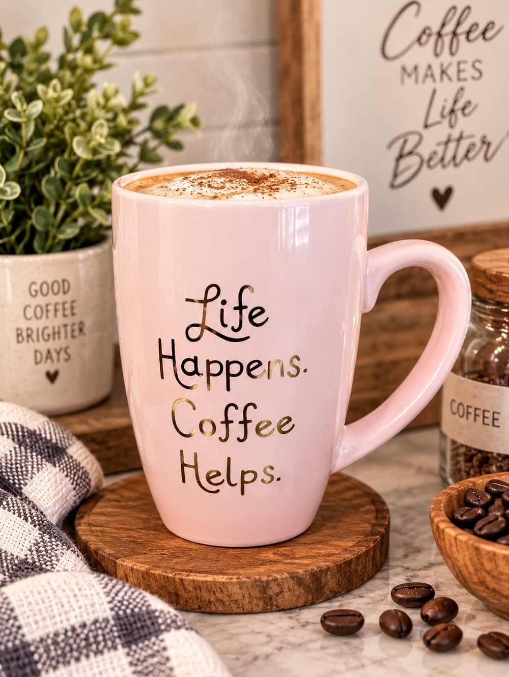 Paper Source Pink Coffee Mug “Life Happens Coffee Helps” Gold Lettering